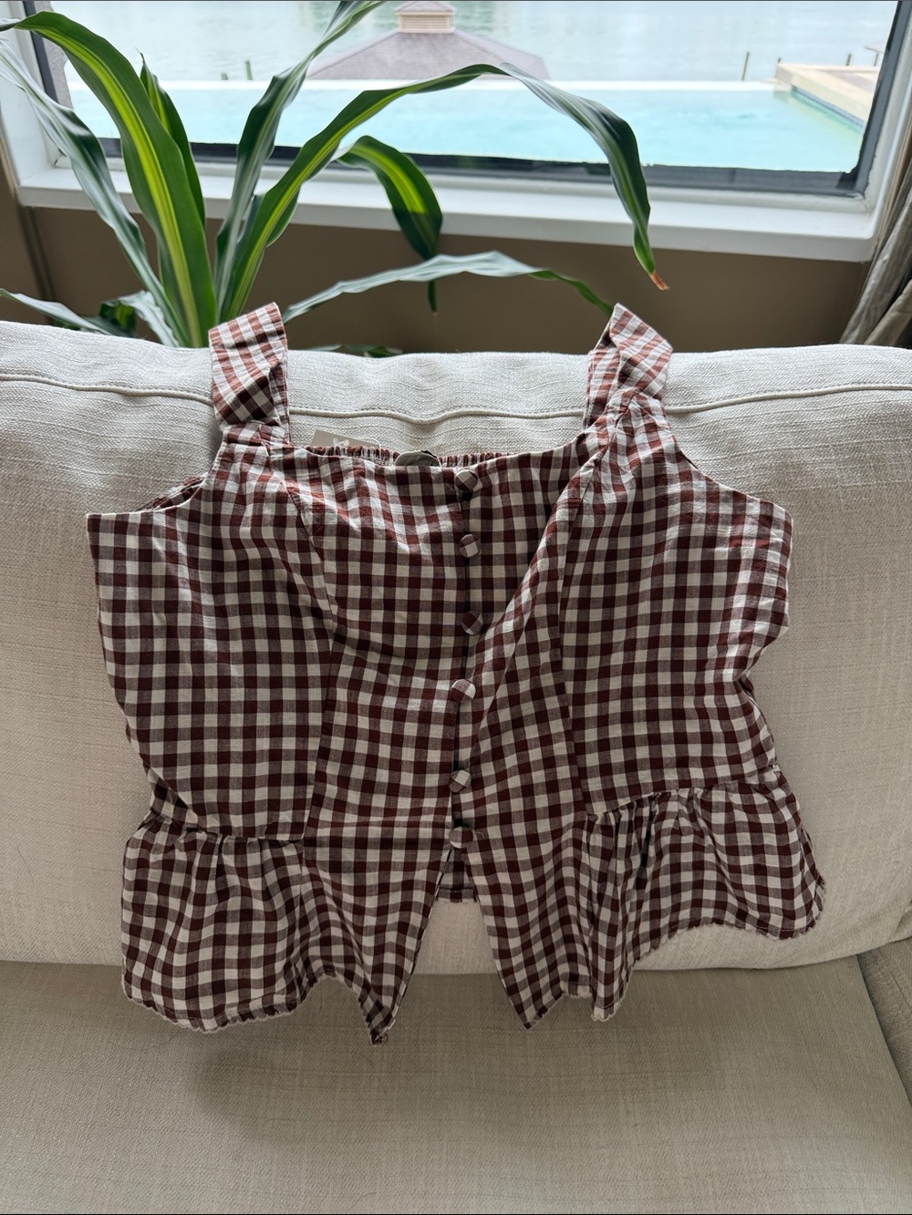 a new day Brown & White Gingham Button-Front Top